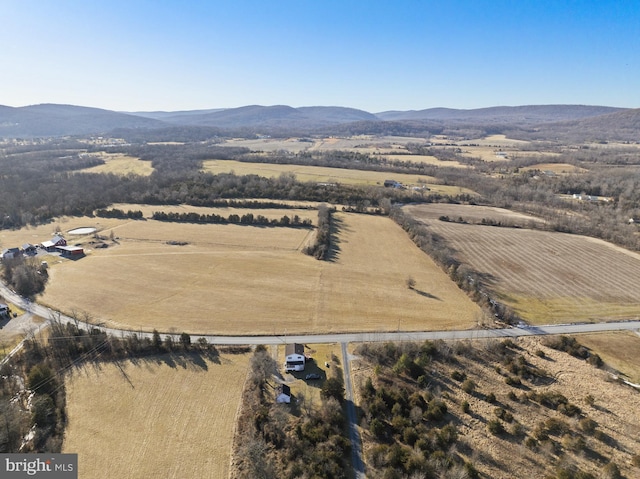 aerial view featuring a mountain view and a rural view