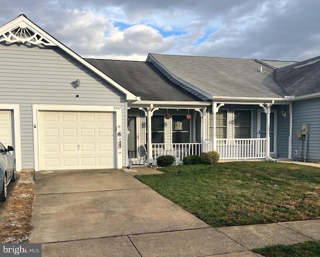 view of front of home featuring an attached garage, covered porch, a shingled roof, driveway, and a front yard