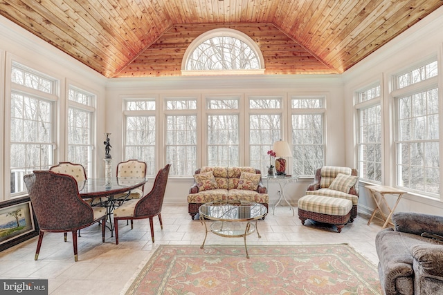 sunroom / solarium featuring lofted ceiling and wood ceiling