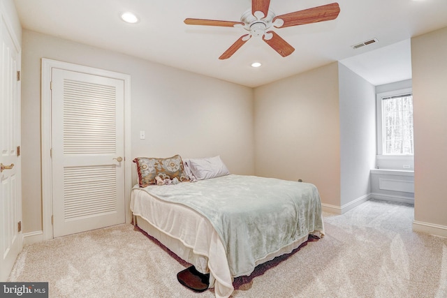 bedroom featuring visible vents, carpet floors, baseboards, recessed lighting, and ceiling fan