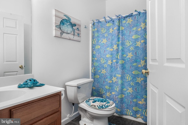 bathroom featuring walk in shower, tile patterned floors, toilet, and vanity