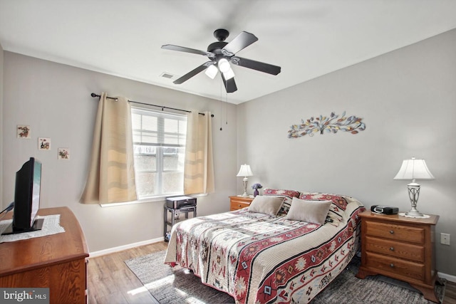 bedroom with ceiling fan and light wood-type flooring