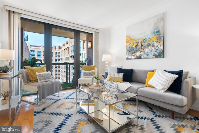 living room featuring hardwood / wood-style flooring and floor to ceiling windows