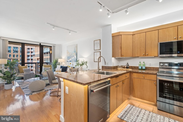 kitchen featuring stainless steel appliances, sink, dark stone countertops, and kitchen peninsula