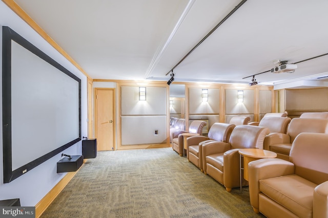 cinema featuring rail lighting, carpet floors, and crown molding