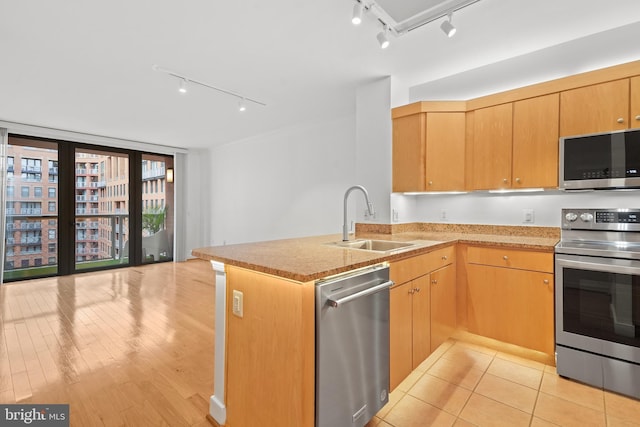 kitchen with stainless steel appliances, sink, light hardwood / wood-style floors, and kitchen peninsula