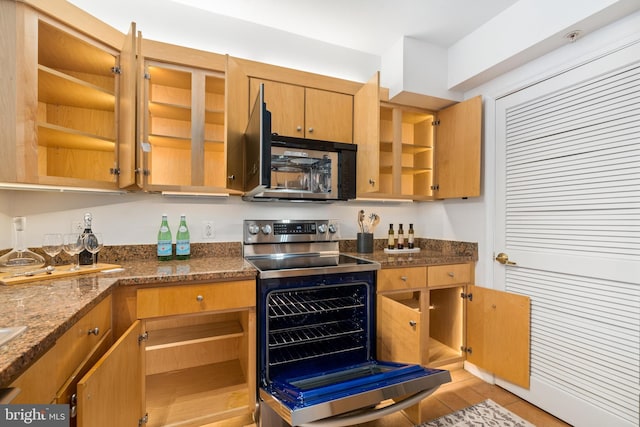 kitchen featuring stainless steel appliances and dark stone countertops