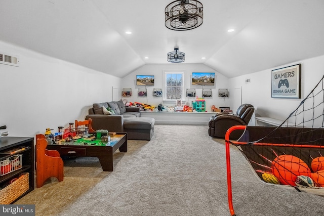 playroom with lofted ceiling and carpet