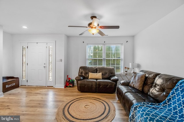 living room with ceiling fan and light wood-type flooring