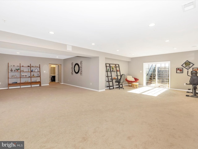 interior space featuring recessed lighting, carpet flooring, visible vents, and baseboards