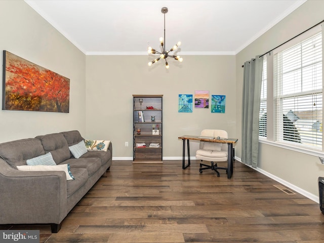 office area featuring crown molding, visible vents, baseboards, and wood finished floors