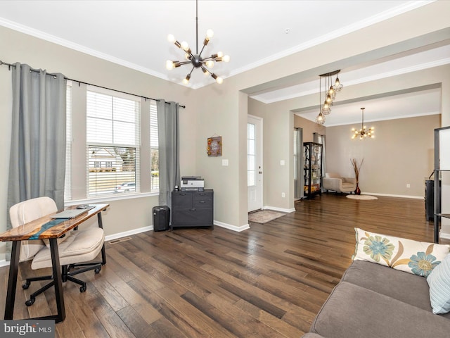 office space featuring an inviting chandelier, baseboards, ornamental molding, and dark wood-type flooring