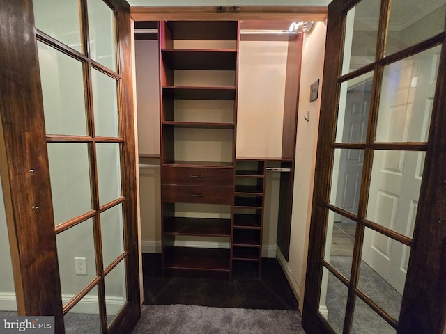 walk in closet with dark colored carpet