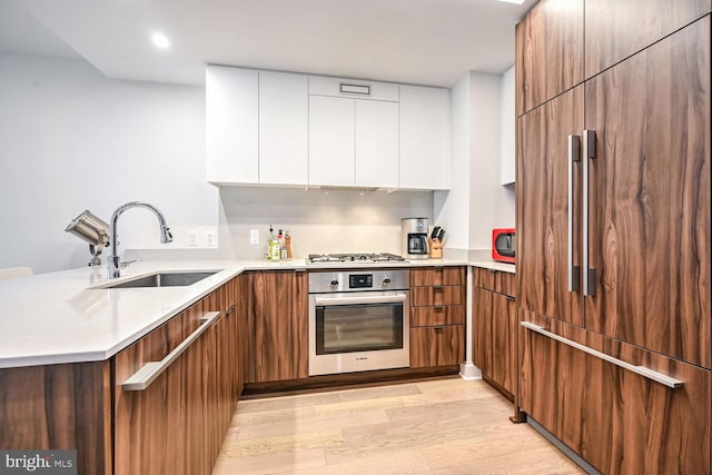 kitchen with appliances with stainless steel finishes, white cabinetry, sink, light hardwood / wood-style floors, and kitchen peninsula