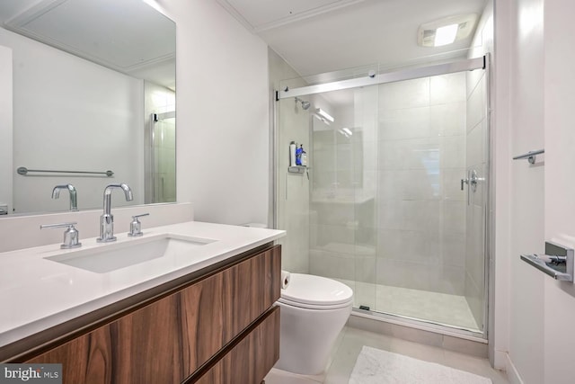 bathroom with walk in shower, tile patterned floors, vanity, and toilet