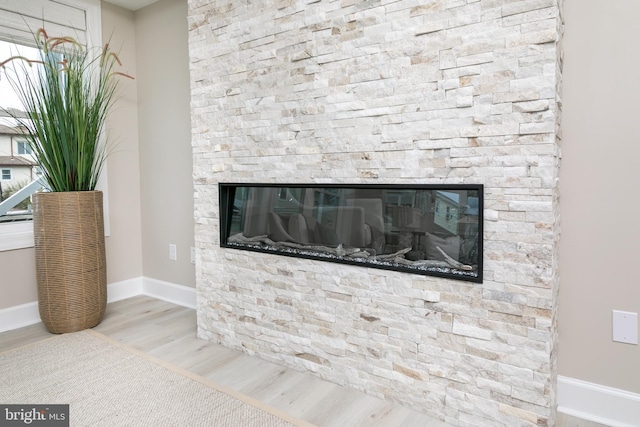 room details with wood-type flooring and a stone fireplace