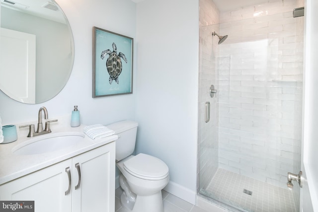 bathroom with tile patterned floors, vanity, toilet, and an enclosed shower