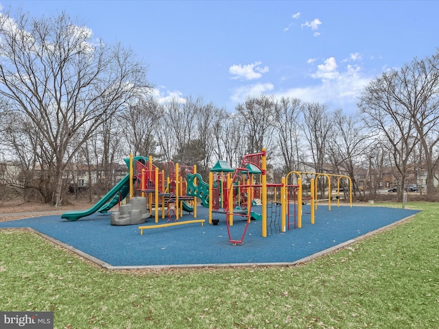 view of jungle gym with a yard