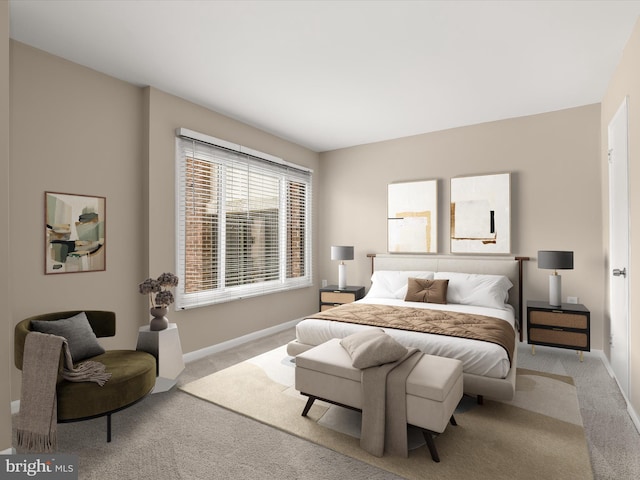 bedroom featuring light colored carpet