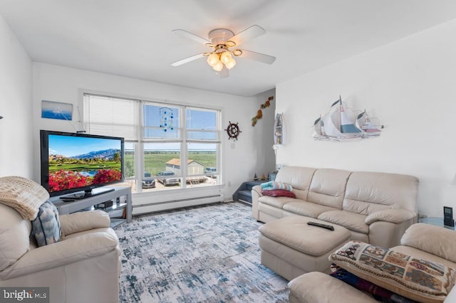 living room with ceiling fan and baseboard heating