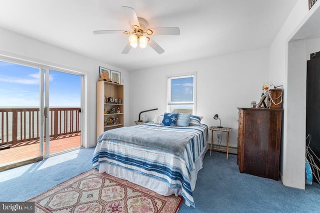 bedroom featuring ceiling fan, a baseboard radiator, carpet flooring, and access to outside