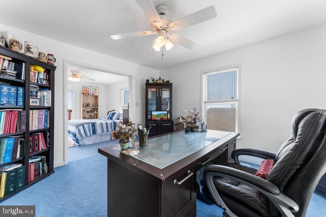 carpeted office featuring ceiling fan and plenty of natural light