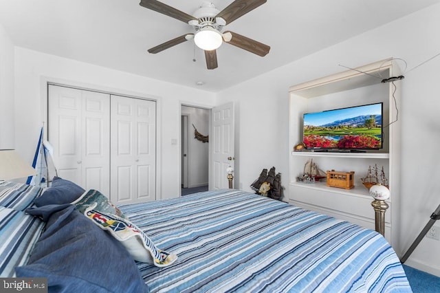 bedroom with ceiling fan and a closet