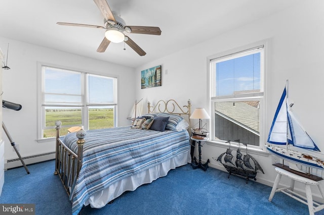 bedroom with ceiling fan, carpet flooring, and a baseboard heating unit