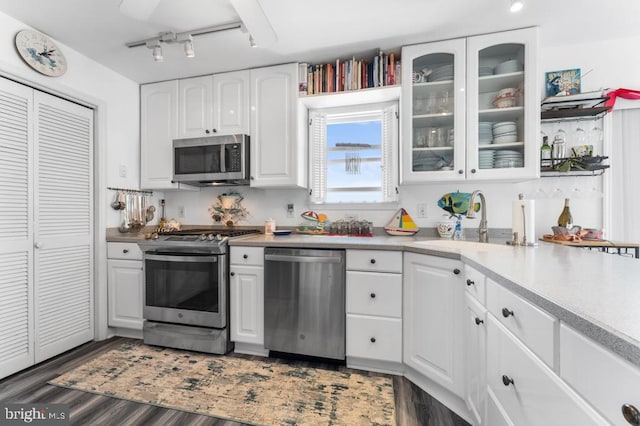 kitchen with dark wood-type flooring, sink, white cabinetry, track lighting, and stainless steel appliances