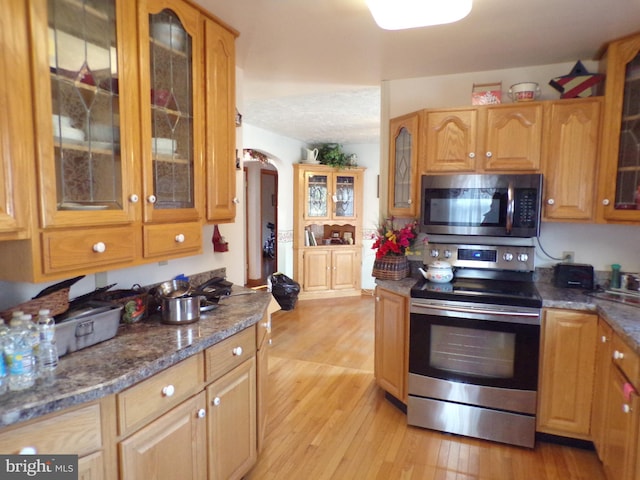 kitchen with dark stone countertops, light hardwood / wood-style flooring, and stainless steel appliances