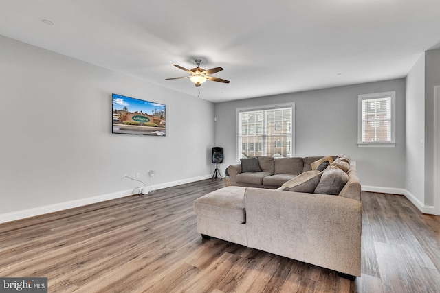 living room with hardwood / wood-style flooring and ceiling fan