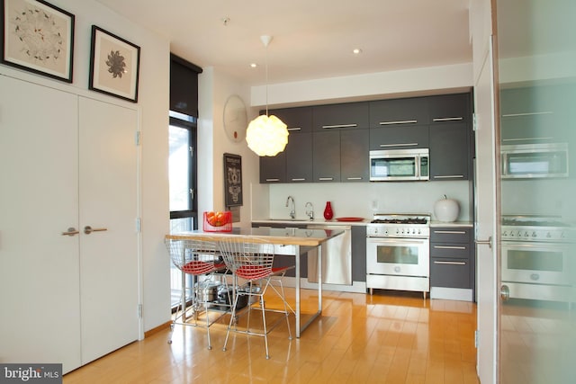 kitchen featuring decorative light fixtures, stainless steel appliances, light wood-type flooring, and plenty of natural light
