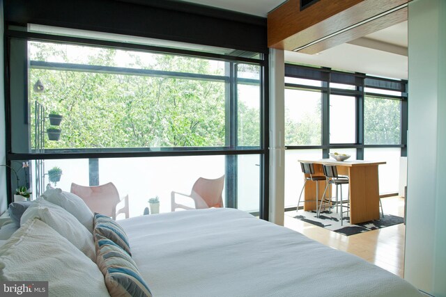 bedroom with a wall of windows and wood finished floors