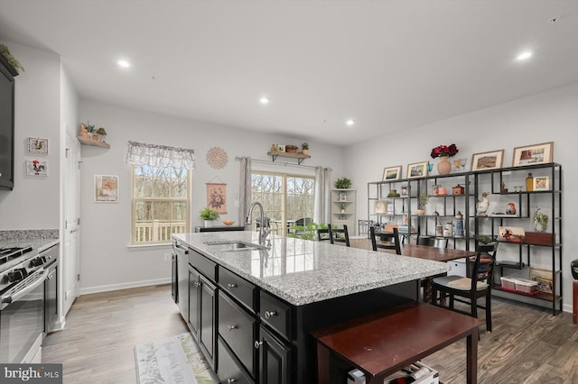 kitchen with light stone countertops, a kitchen island with sink, stainless steel appliances, dark cabinetry, and a sink