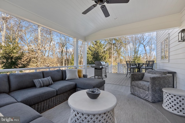 view of patio / terrace featuring ceiling fan, grilling area, and an outdoor hangout area