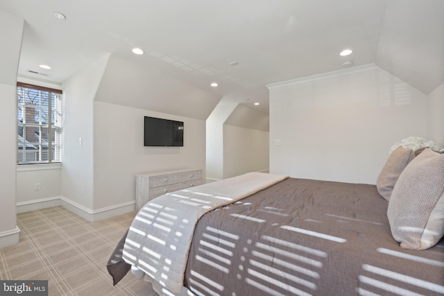 carpeted bedroom featuring vaulted ceiling