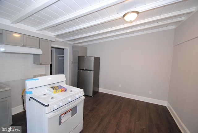 kitchen featuring stainless steel refrigerator, gray cabinetry, beam ceiling, tasteful backsplash, and white gas stove