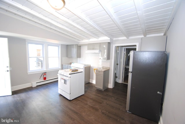 kitchen with vaulted ceiling with beams, dark hardwood / wood-style floors, stainless steel fridge, white range oven, and a baseboard heating unit