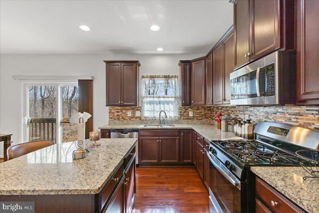 kitchen featuring plenty of natural light, dark wood-style floors, appliances with stainless steel finishes, and a sink