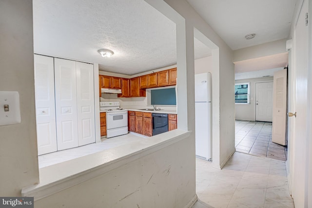 kitchen with sink, a textured ceiling, black dishwasher, and white range with electric stovetop