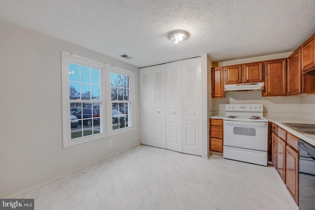 kitchen with white electric range oven, dishwasher, sink, and a textured ceiling