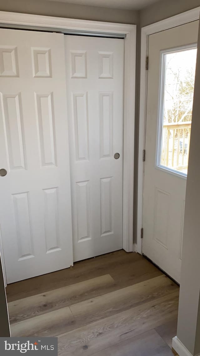 doorway with light wood-type flooring