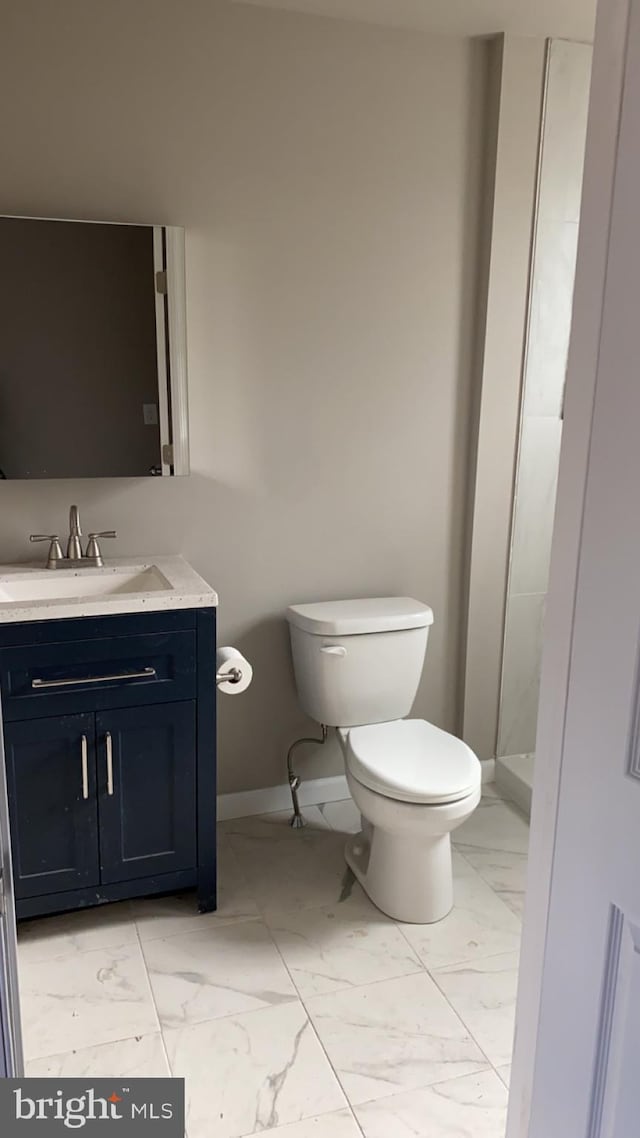 bathroom with vanity, toilet, and walk in shower