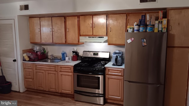 kitchen featuring appliances with stainless steel finishes, sink, and light hardwood / wood-style flooring