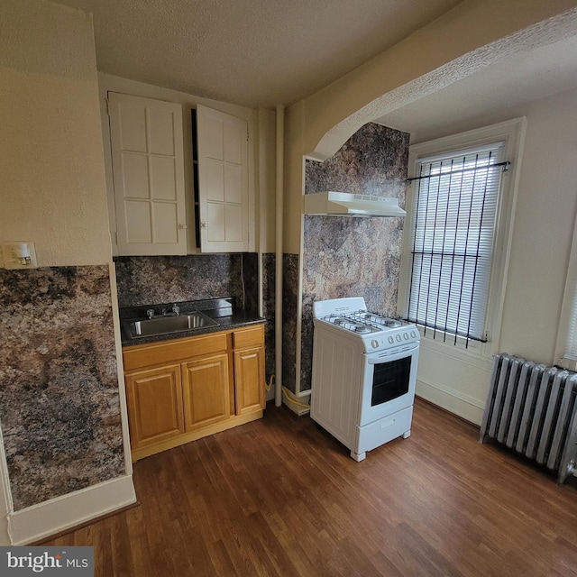 kitchen with radiator, sink, dark wood-type flooring, and gas range gas stove