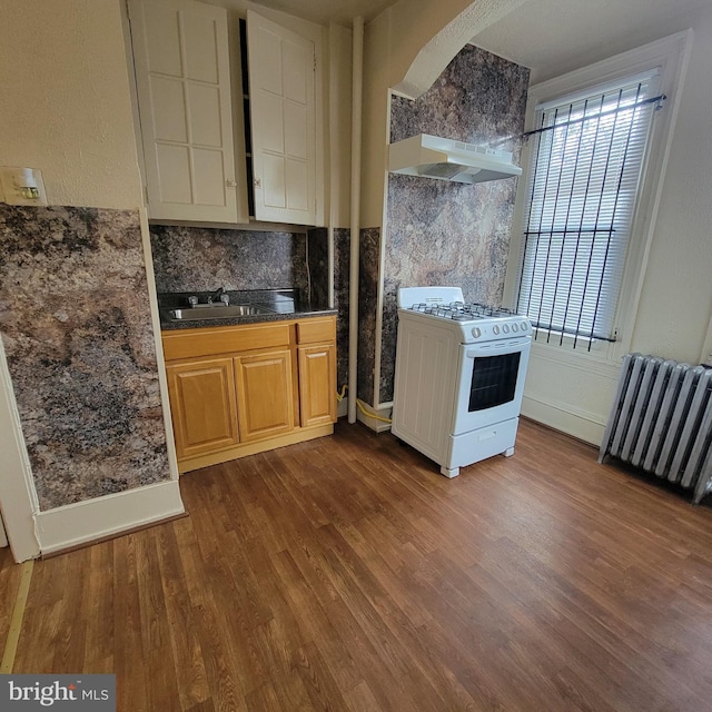 kitchen featuring radiator, sink, white gas range oven, hardwood / wood-style floors, and decorative backsplash