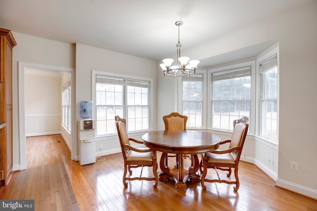 dining area with an inviting chandelier, light wood-type flooring, and a wealth of natural light