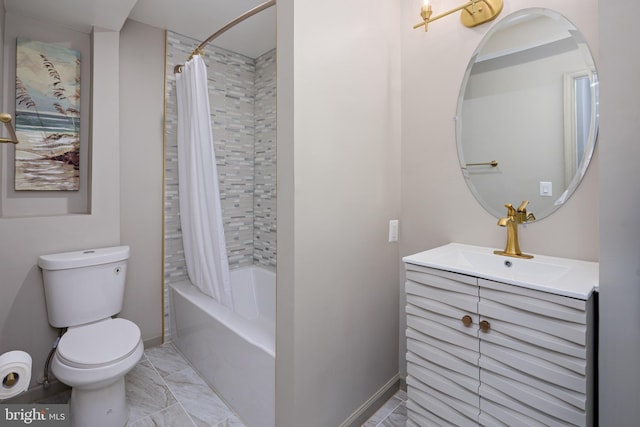 full bath with toilet, shower / bath combo, baseboards, and vanity