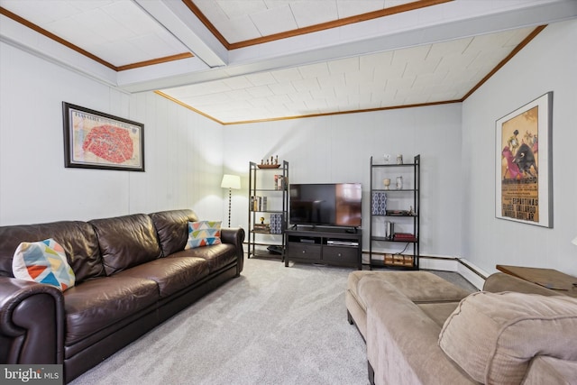 living room with ornamental molding and light carpet