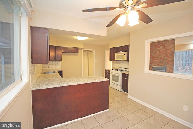 kitchen with light tile patterned flooring, sink, tasteful backsplash, kitchen peninsula, and white appliances